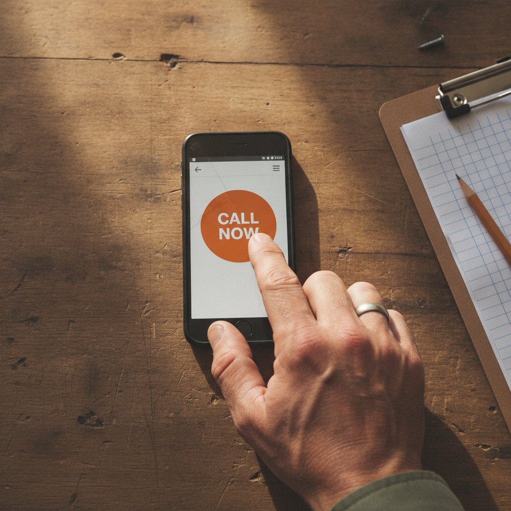 Close-up of a contractor's hand tapping an orange "CALL NOW" button on a mobile phone, on a worn wooden table.