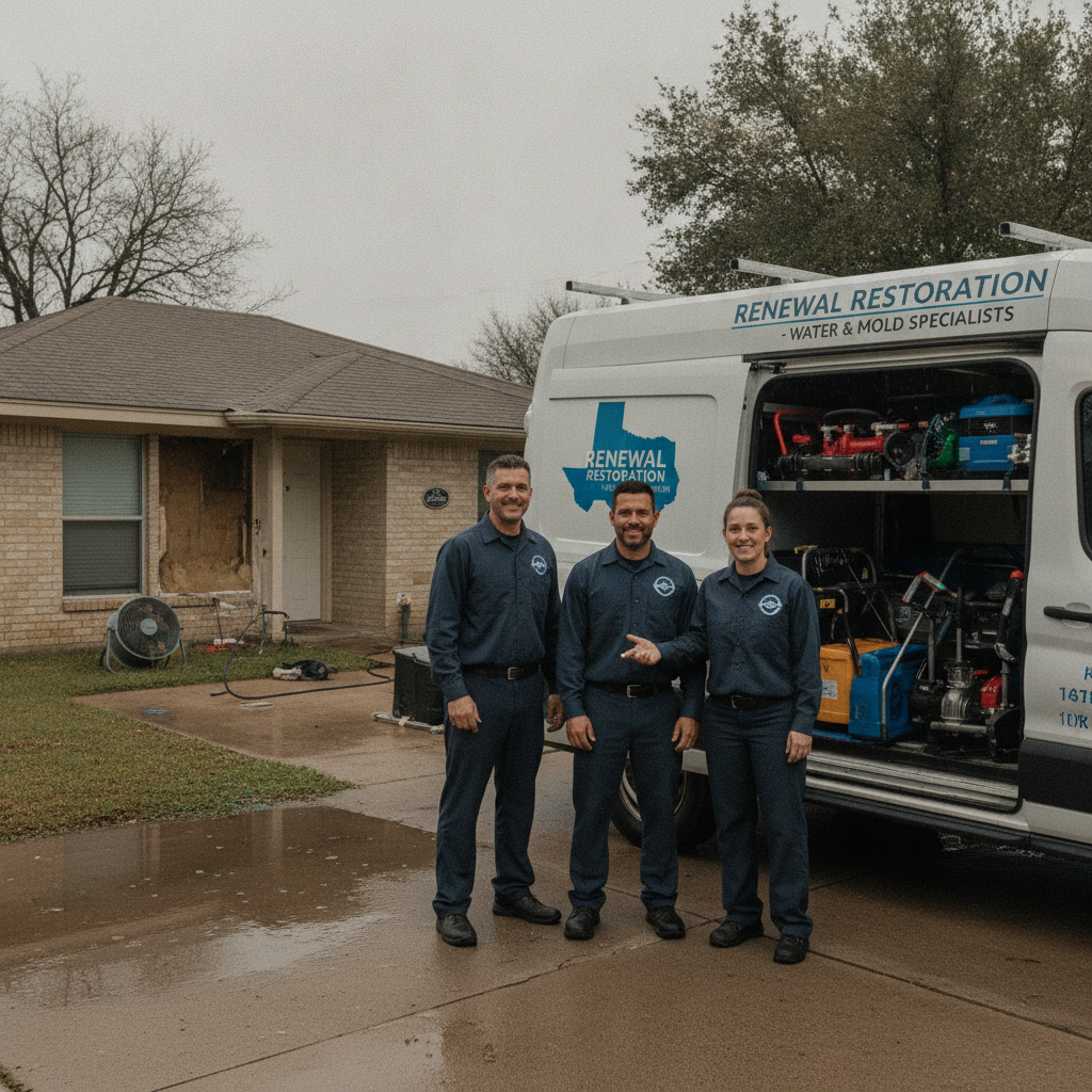 A restoration crew of three stands in front of their branded van outside a water-damaged suburban home on an overcast day.