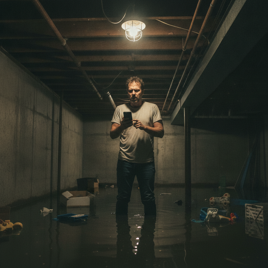 A homeowner stands in a darkly lit, flooded basement at night, looking anxious while searching for help on a smartphone.