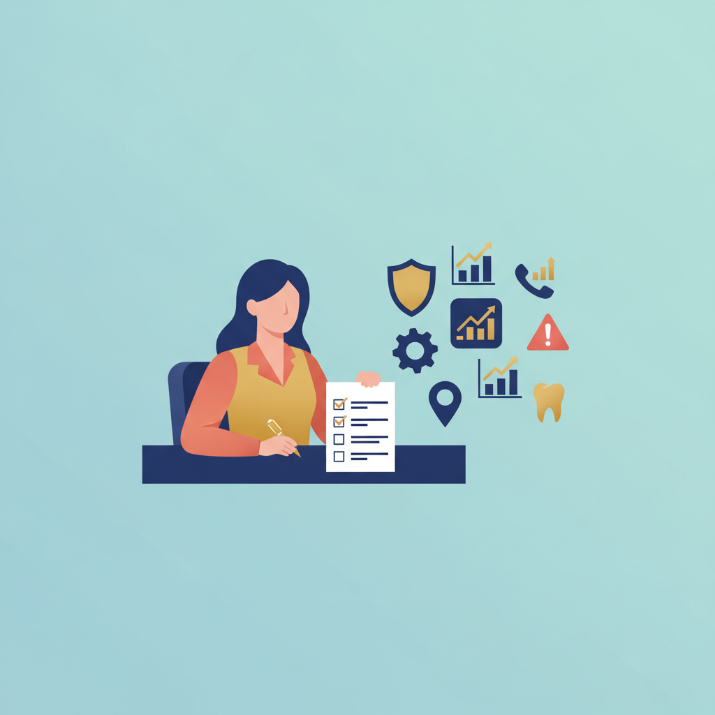 A confident dental practice owner at a desk reviewing documents, with icons like a shield, magnifying glass, and tooth.