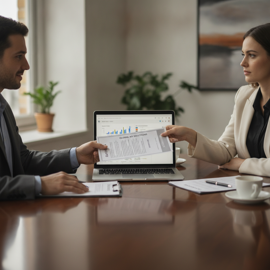 Two business professionals at a conference table, one sliding a marketing contract to the other, with a laptop open.