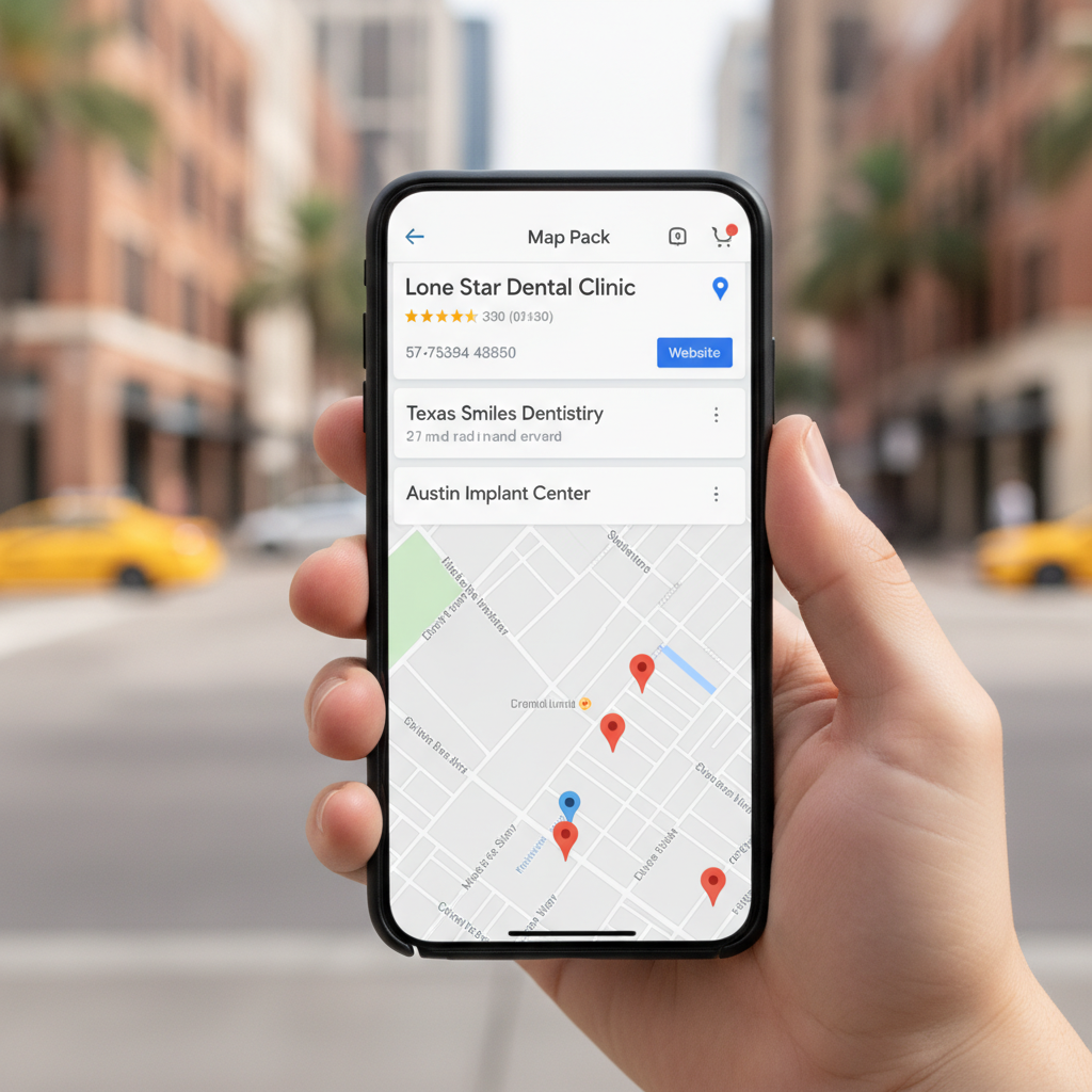 Hand holding a smartphone displaying a Google Maps search result for a dental clinic, with a blurred city street background.