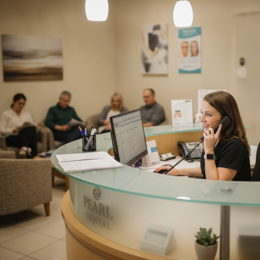 A dental office front desk with a receptionist answering a phone call and patients waiting in the background.