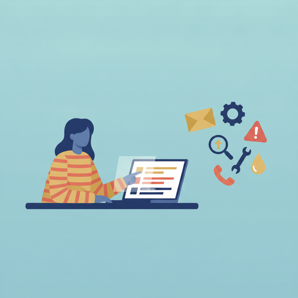 Flat vector illustration of a restoration business owner at a desk, pointing to a laptop screen.