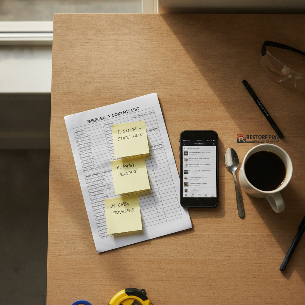 Overhead shot of a restoration project manager's desk with a contact list, sticky notes, smartphone, and coffee mug.