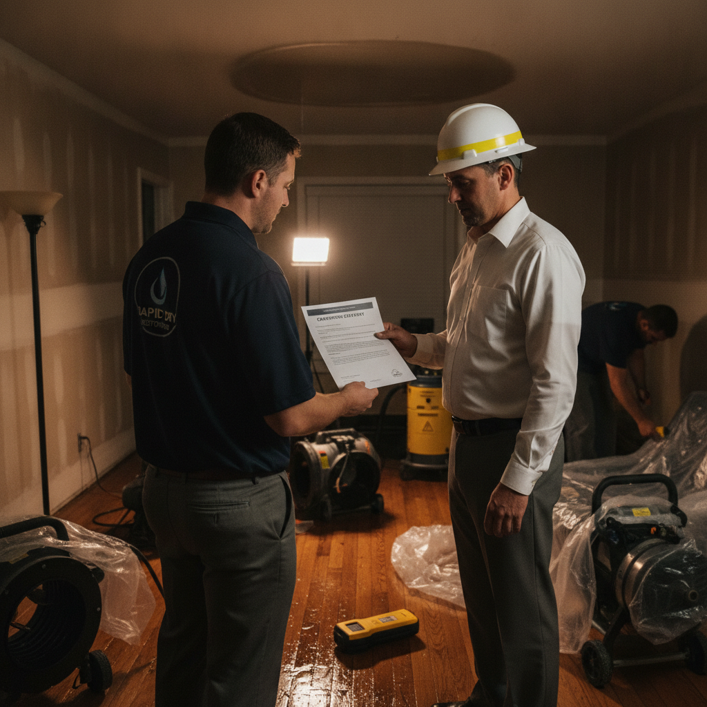 A restoration crew member shows a document to an insurance adjuster in a water-damaged living room with drying equipment.