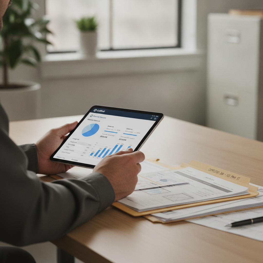 Contractor's hands holding a tablet displaying a CallRail dashboard with referral source attribution data and a job folder.