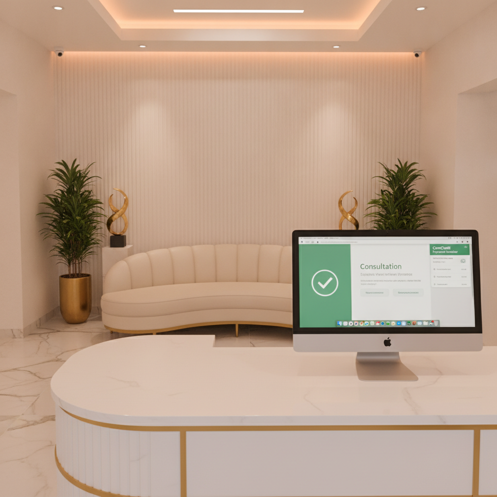 Wide shot of a plastic surgery reception desk with an iMac displaying a consultation booking and CareCredit payment estimator.