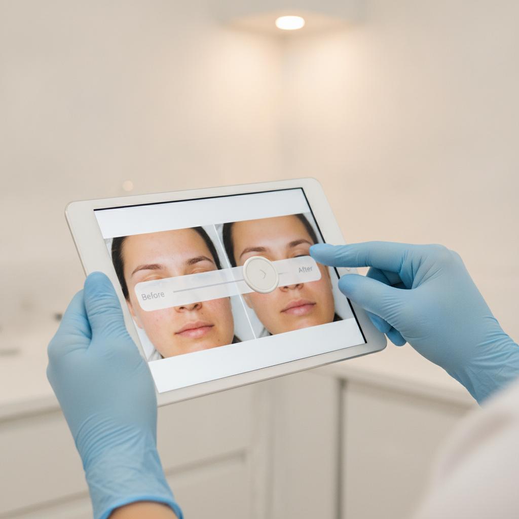 Hands in blue gloves hold a tablet displaying a before/after photo slider interface in a bright clinical office.