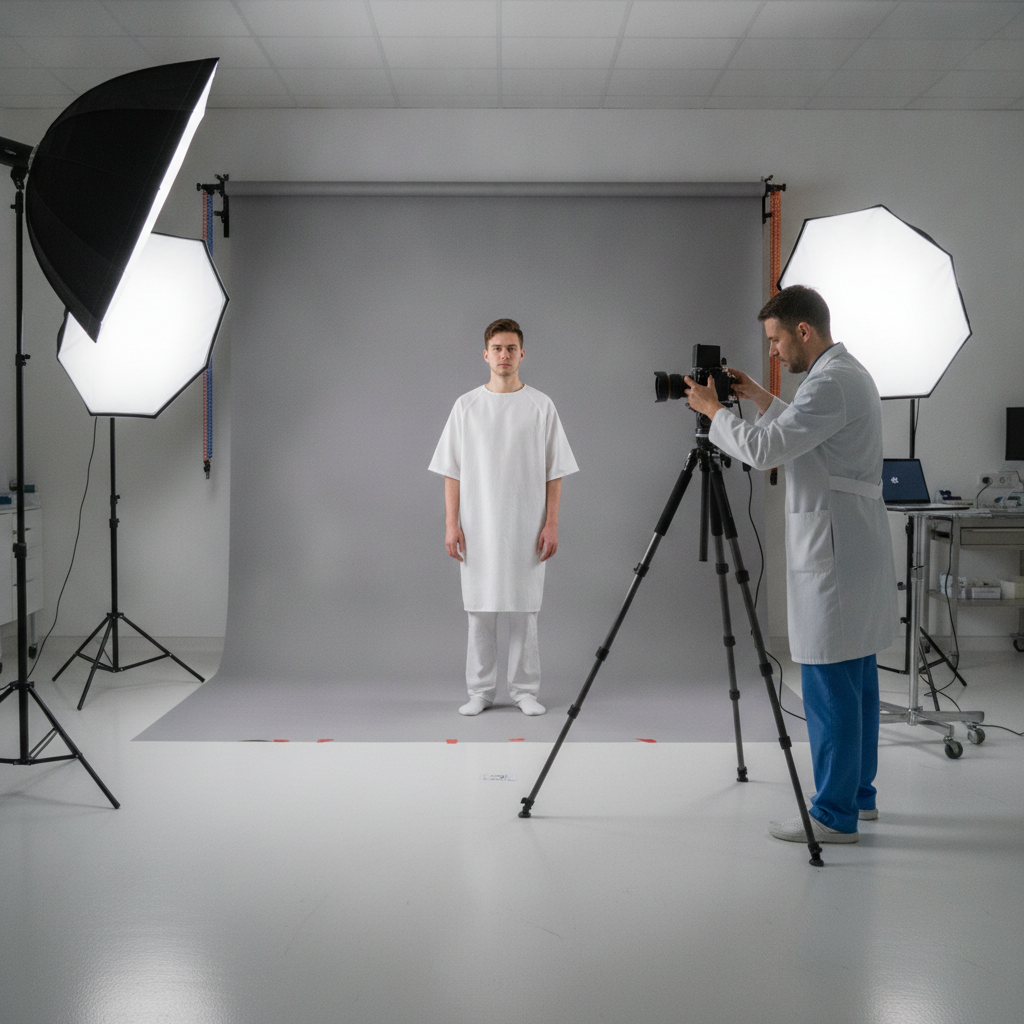 A medical photographer adjusts a camera on a tripod in a clinical studio with a patient standing against a gray backdrop.