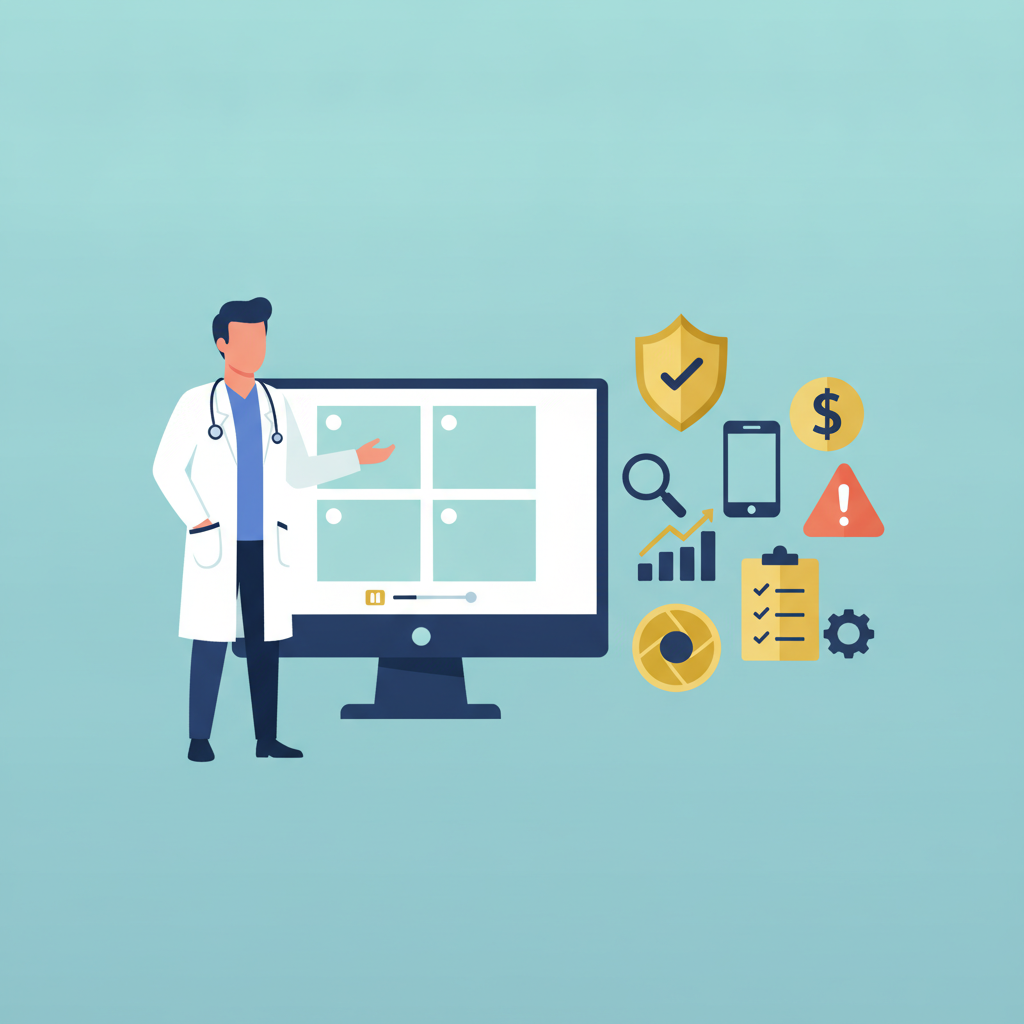 Vector illustration of a plastic surgeon confidently presenting a before/after gallery on a large monitor, with related icons.