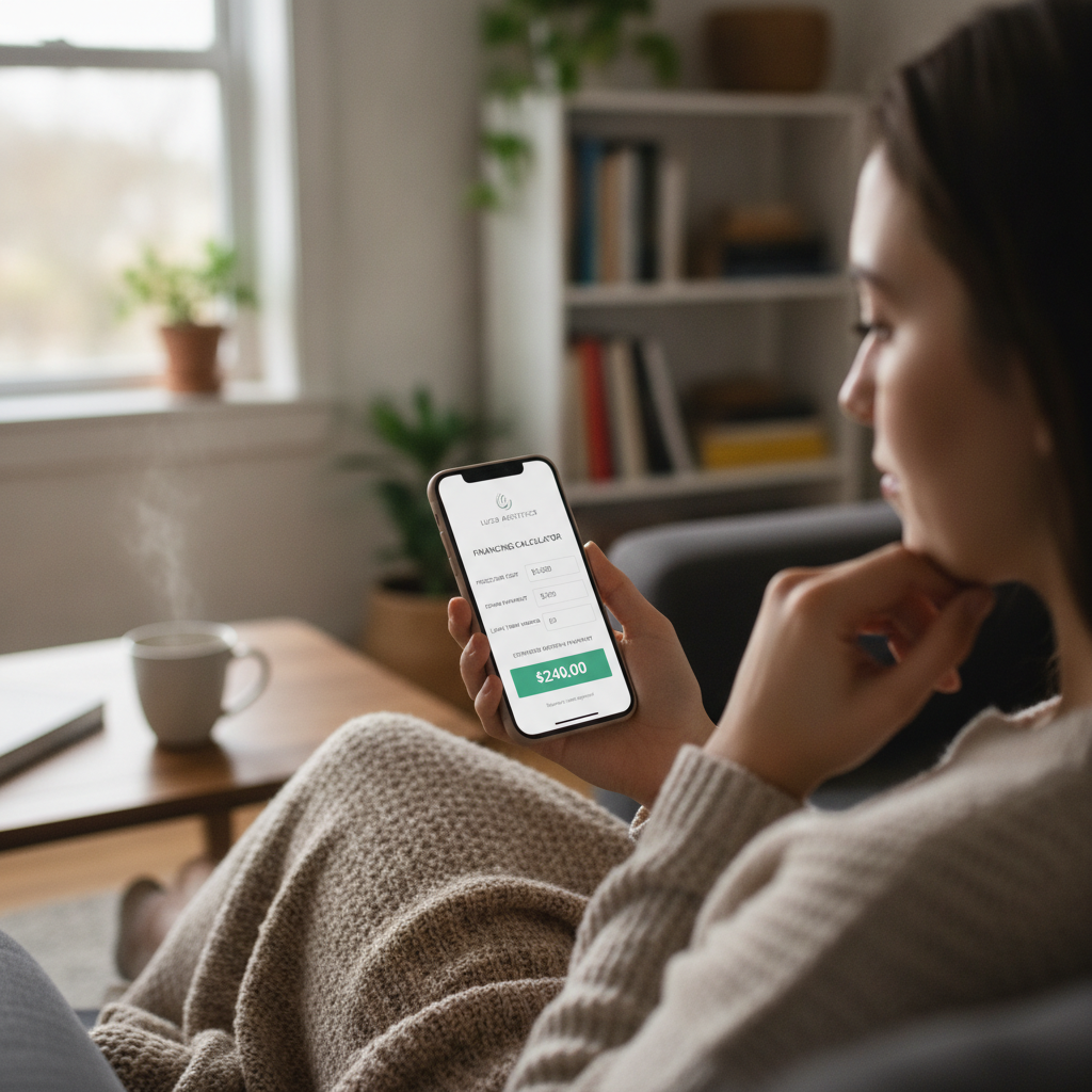 A patient uses a smartphone to interact with a financing calculator on a plastic surgery website.