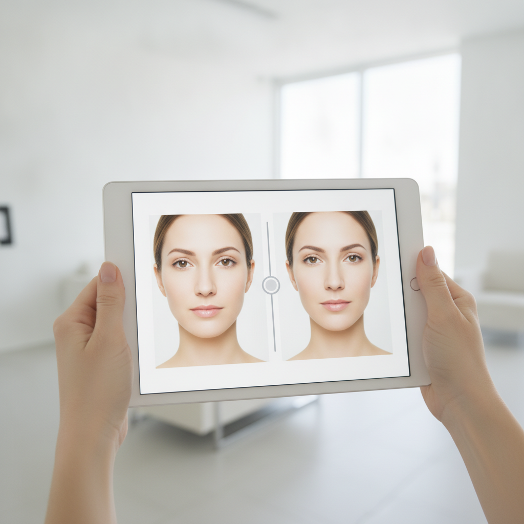 Tablet displaying cosmetic surgery before-and-after, held in hands in a bright, modern waiting room.