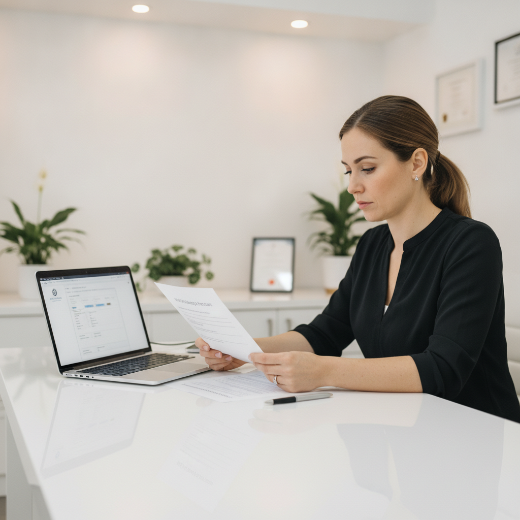 A medical office administrator reviews a HIPAA marketing authorization form next to a laptop displaying patient records.