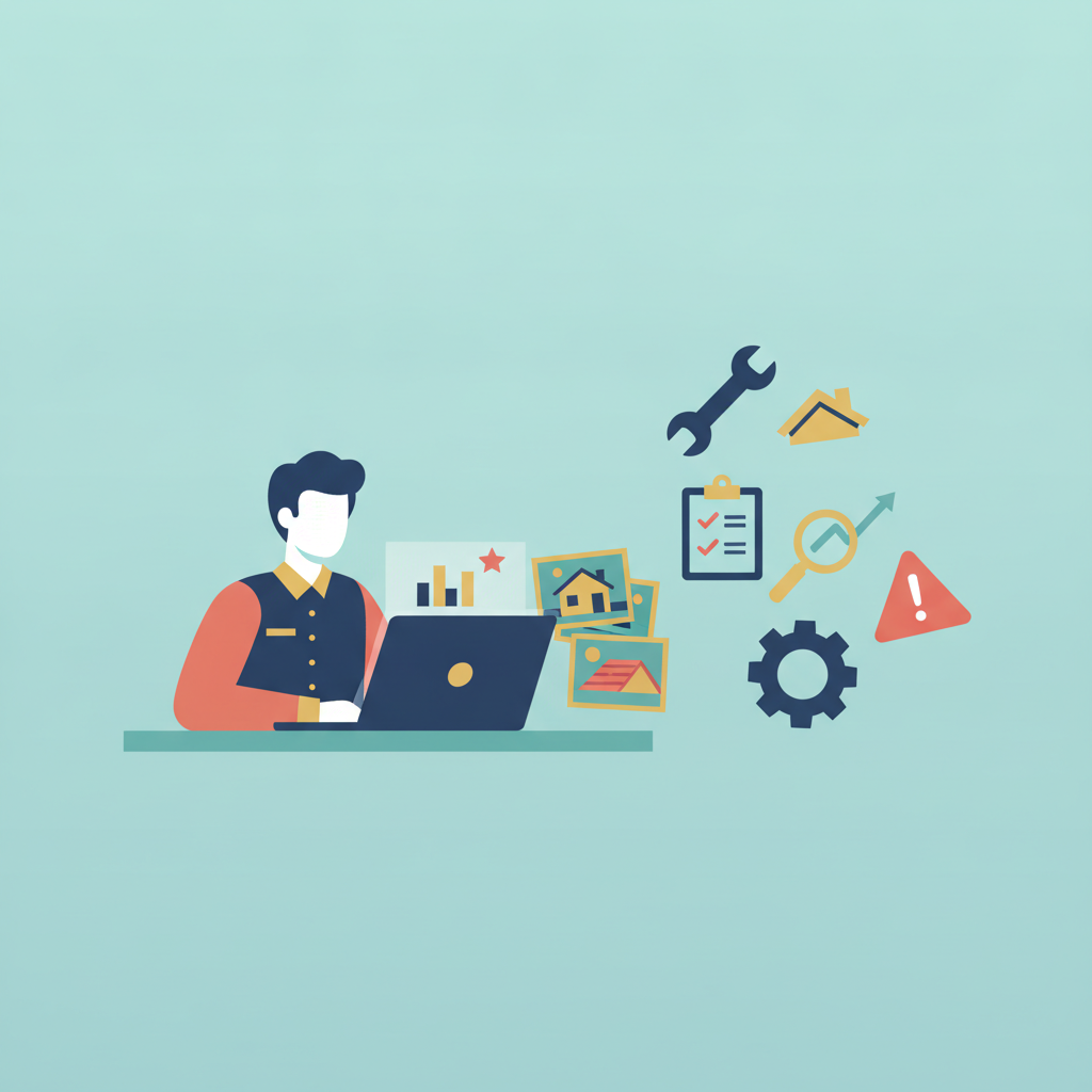 Flat vector illustration of a home-services contractor reviewing a laptop and job photos, with relevant icons.