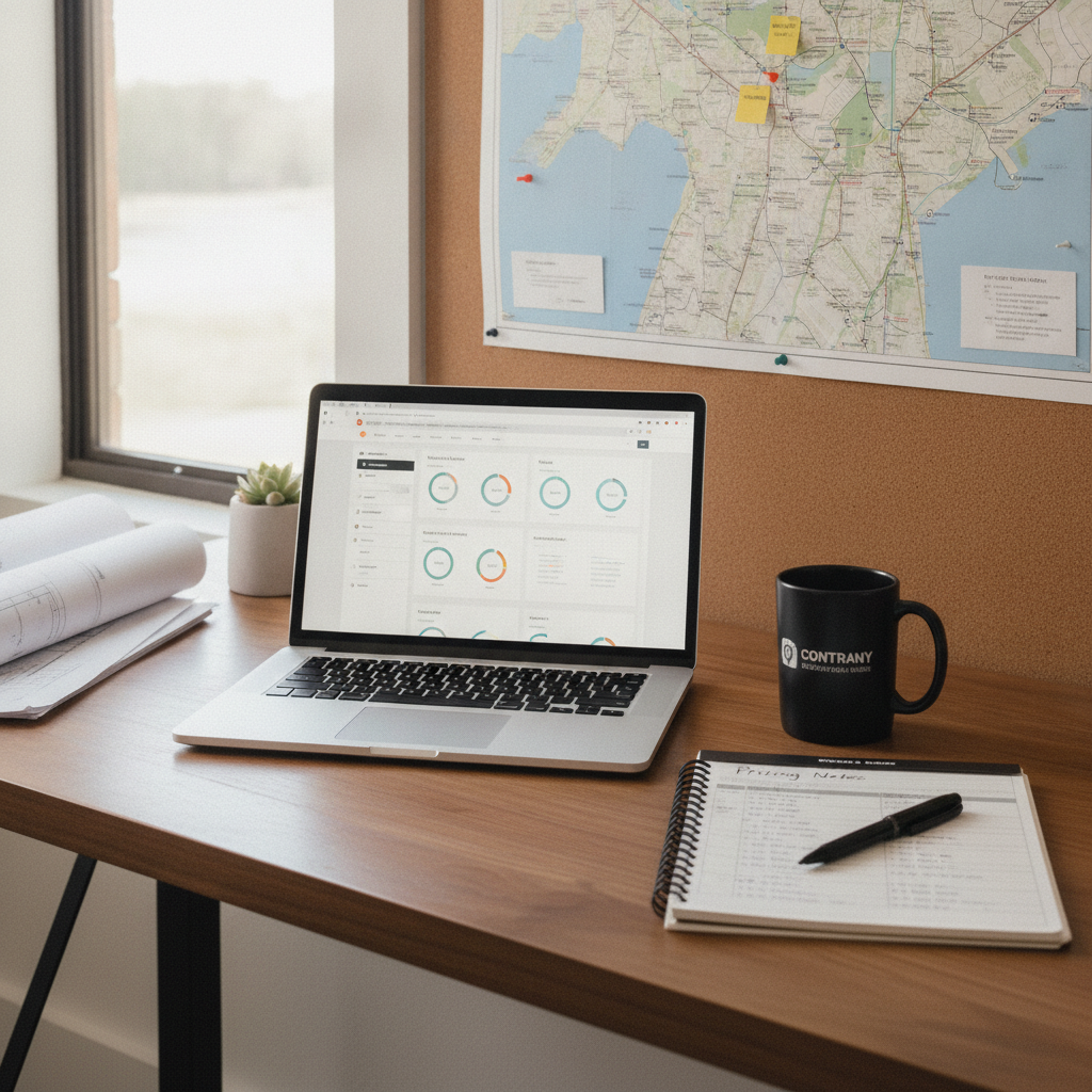A clean contractor's office desk with a laptop displaying a content dashboard, a map, coffee mug, and notebook.