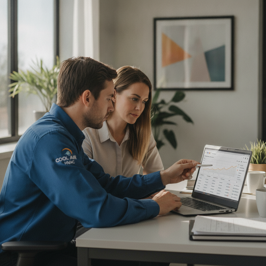 An HVAC technician and an office manager discussing a Google Search Console report on a laptop.