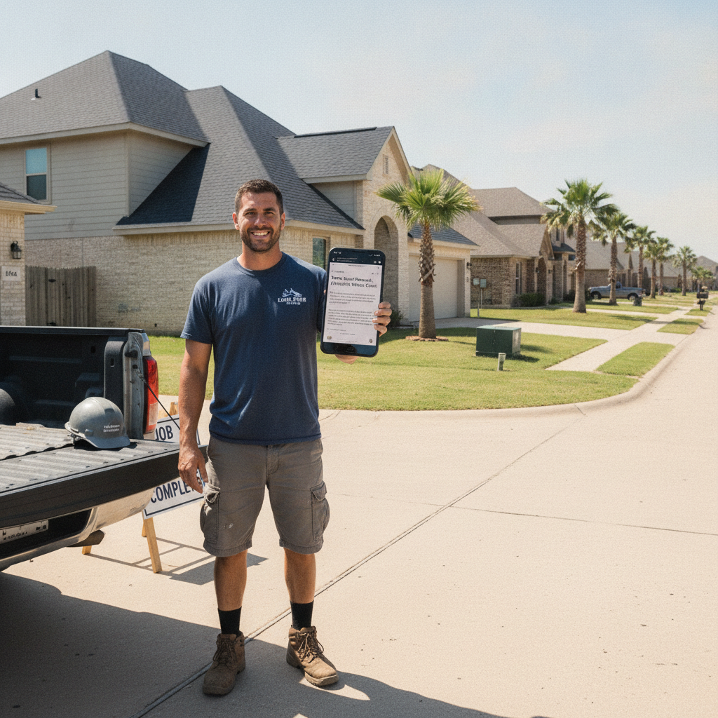 A roofing contractor stands on a completed job site in a Texas suburb, reviewing a blog post on his smartphone.