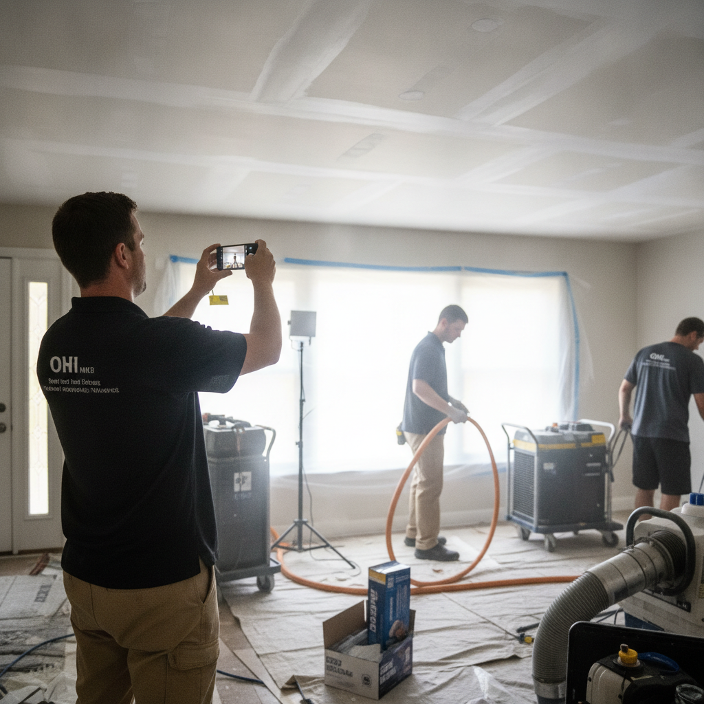 Restoration crew completing water damage remediation, technician photographs drywall repair on a smartphone.