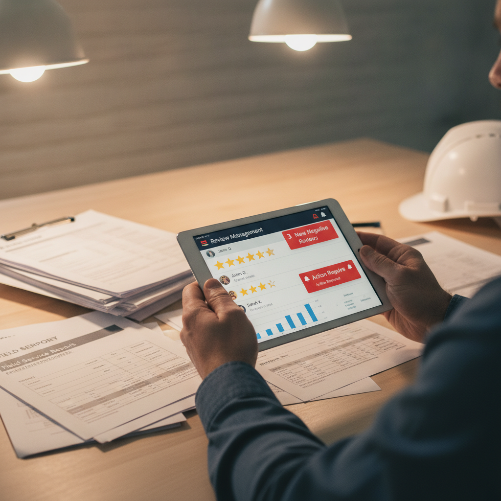 Close-up of a contractor's hands holding a tablet showing a review management dashboard with star ratings and alert notifications.