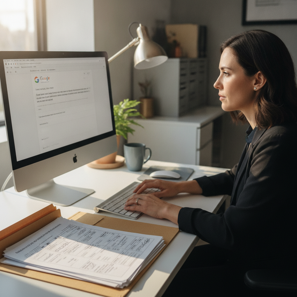 An office manager responds to a Google review at her computer, with job folders and forms beside her keyboard.