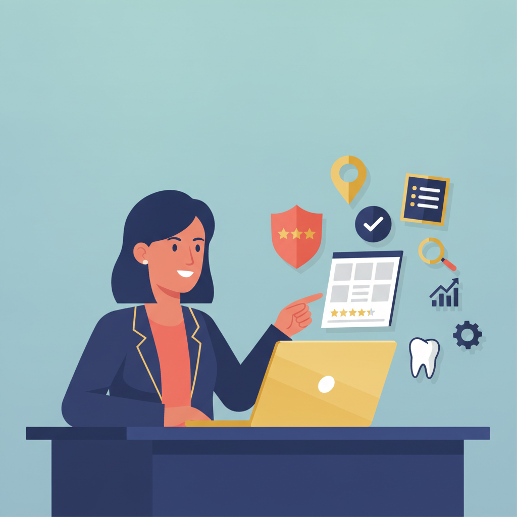 A confident dental practice owner at a desk, pointing at a laptop showing a Google Maps result, with related icons.