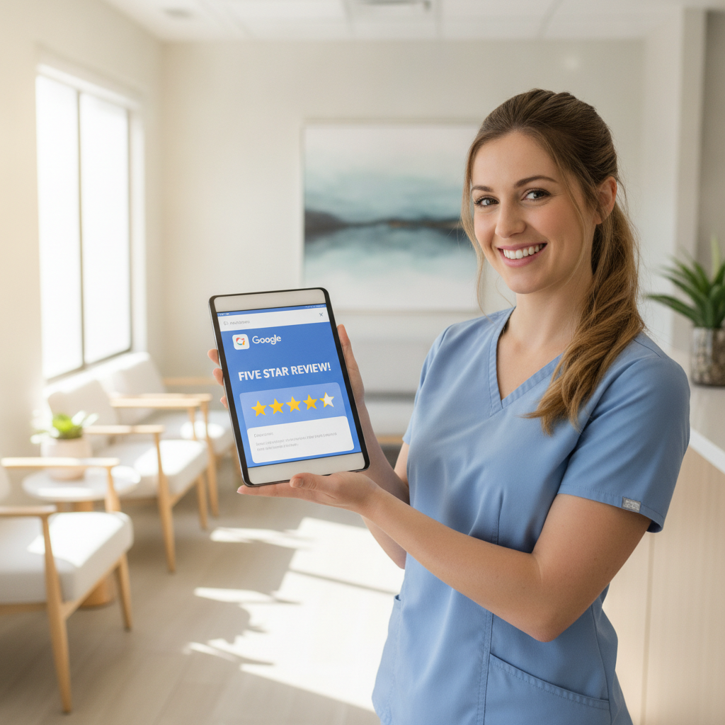 A smiling dental receptionist holds a tablet displaying a five-star review in a bright, clean waiting room.