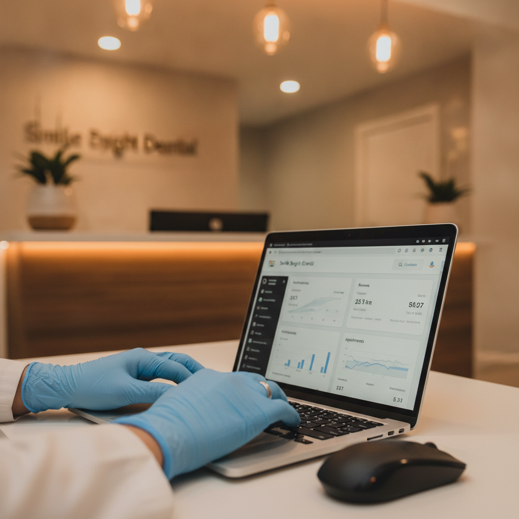 Dentist's gloved hands typing on a laptop with a Google Business Profile dashboard in a modern dental office.
