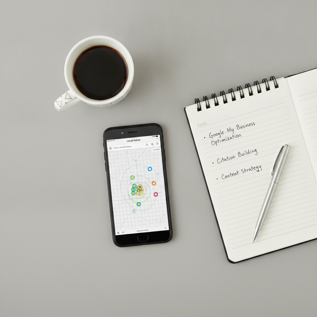 Overhead flat-lay of a desk with a smartphone showing a Local Falcon grid rank map, a notepad with marketing notes, a coffee cup, and a pen, neutral gray desk surface, crisp natural daylight, minimal 