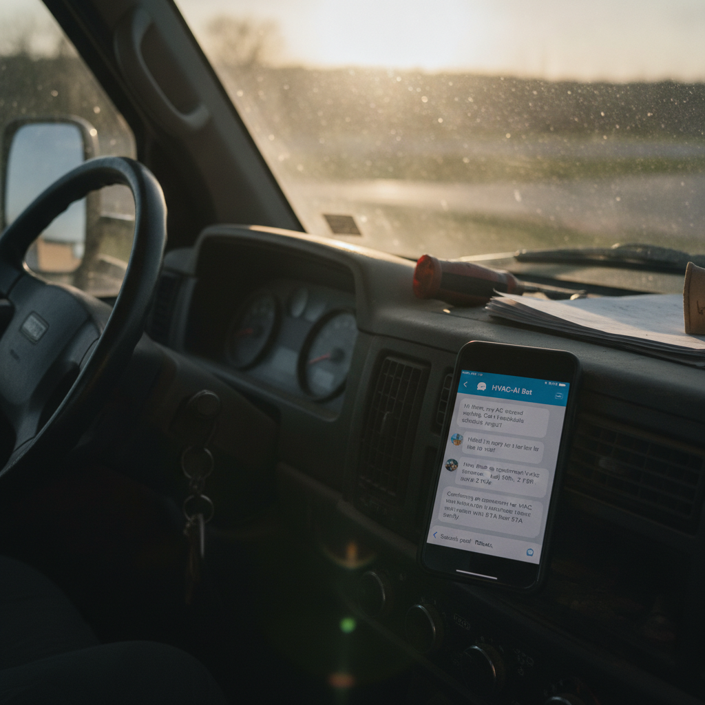 Smartphone on work truck dashboard displaying HVAC scheduling chat, late afternoon sunlight