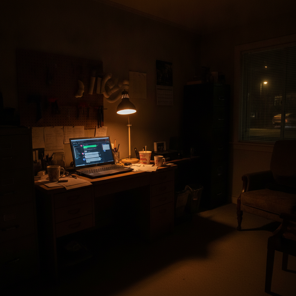 Wide-angle photo of a small plumbing company office at night, one desk lamp lit over a laptop showing a live chat dashboard.