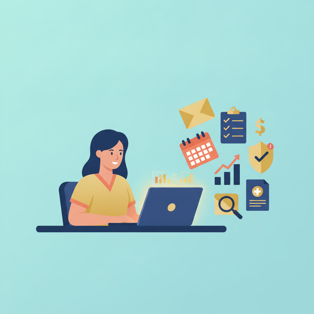 A flat vector illustration of a plastic surgeon at a desk reviewing email analytics on a laptop, surrounded by floating icons.