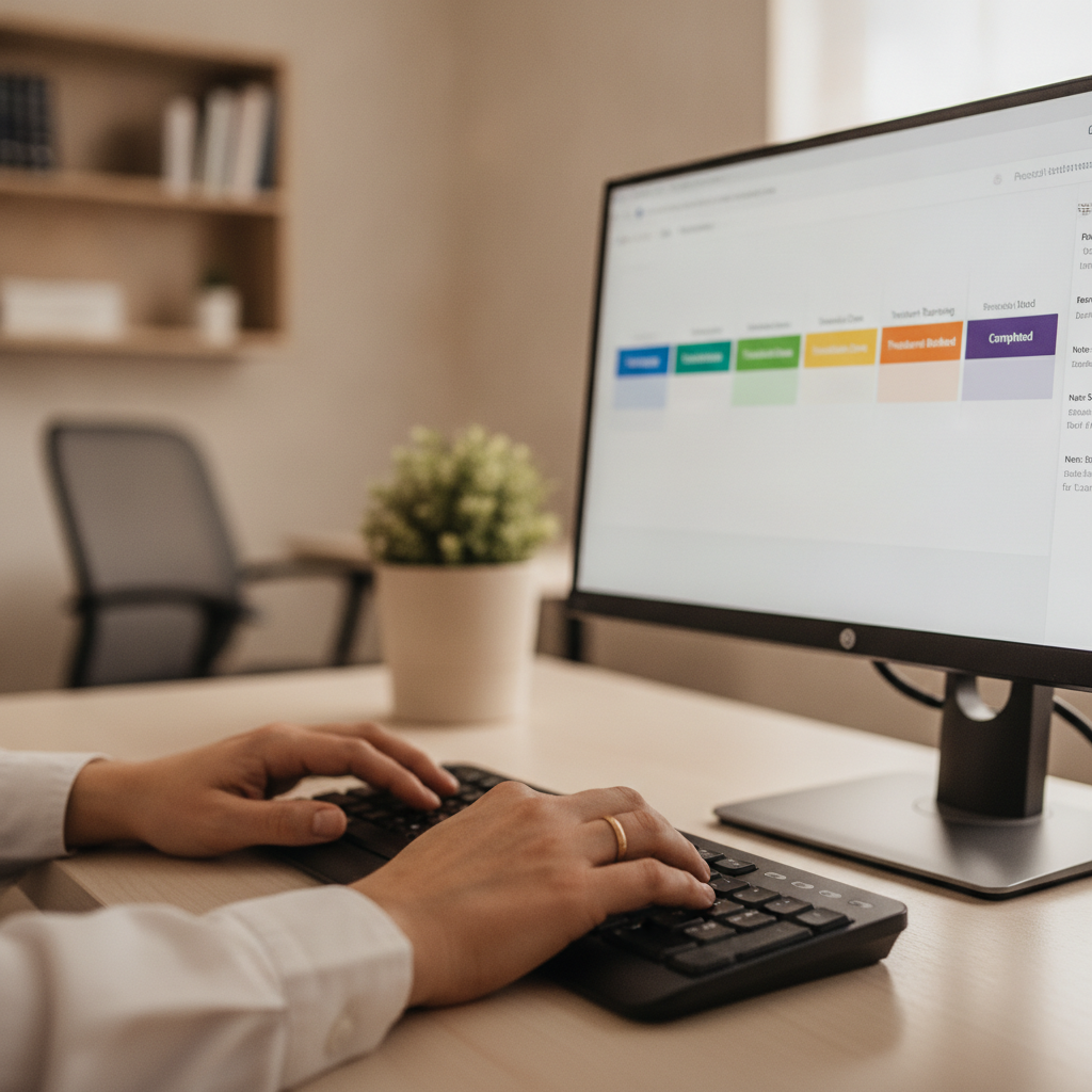 A practice manager's hands on a keyboard, with a CRM dashboard open on screen displaying a six-stage patient pipeline.