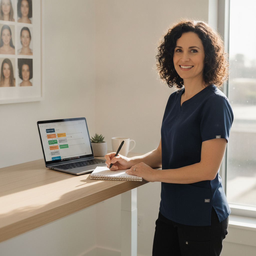 A patient coordinator at a standing desk, writing on a notepad with a laptop showing an email sequence timeline.
