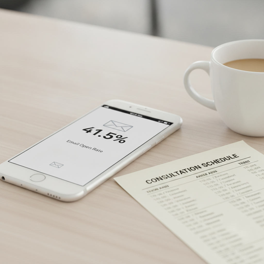 A smartphone displaying an email open rate of 41.5% next to a coffee cup and a consultation schedule on a desk.