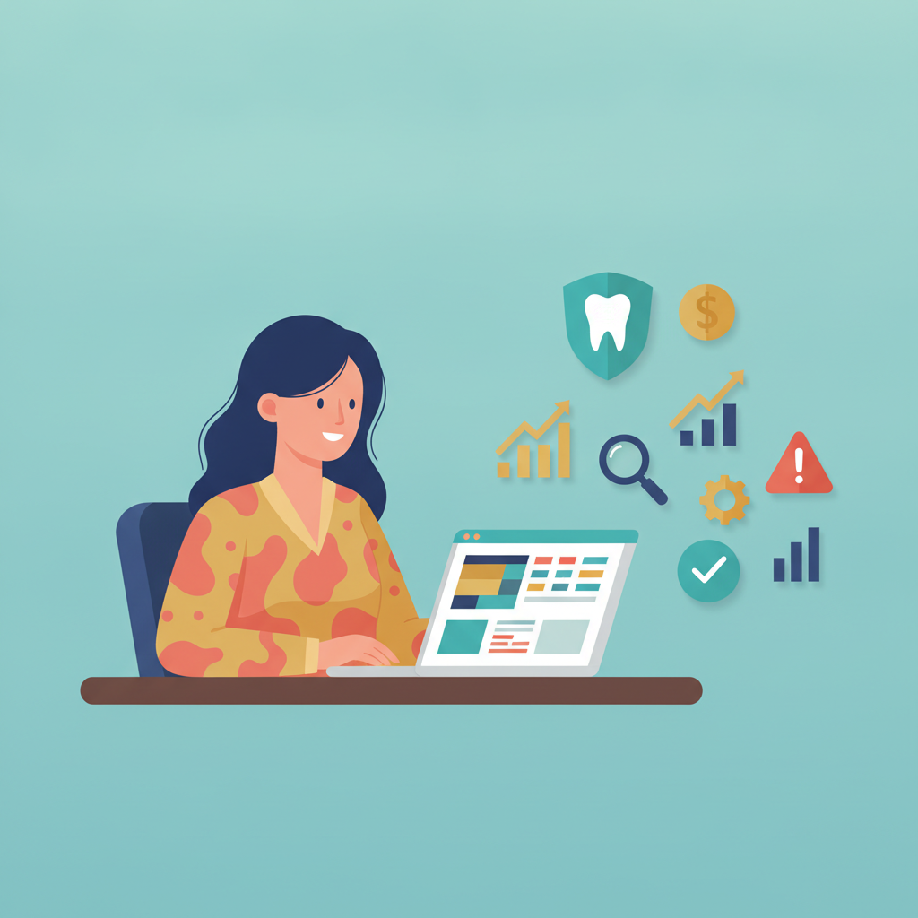 Flat vector illustration of a dental practice owner at a desk with a laptop, surrounded by floating icons like a tooth and dollar sign.