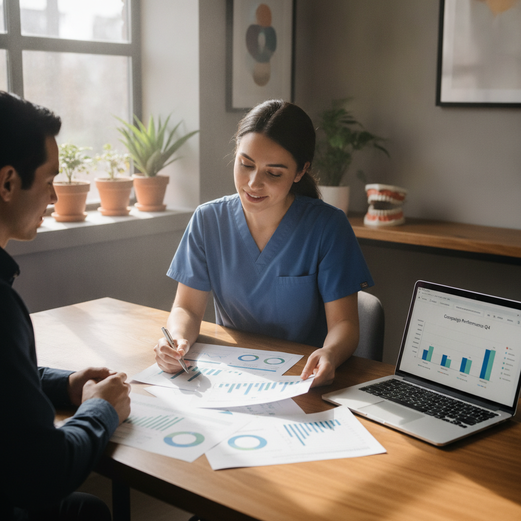 A dental professional in scrubs reviews an analytics report with a patient in a sunlit consultation room.