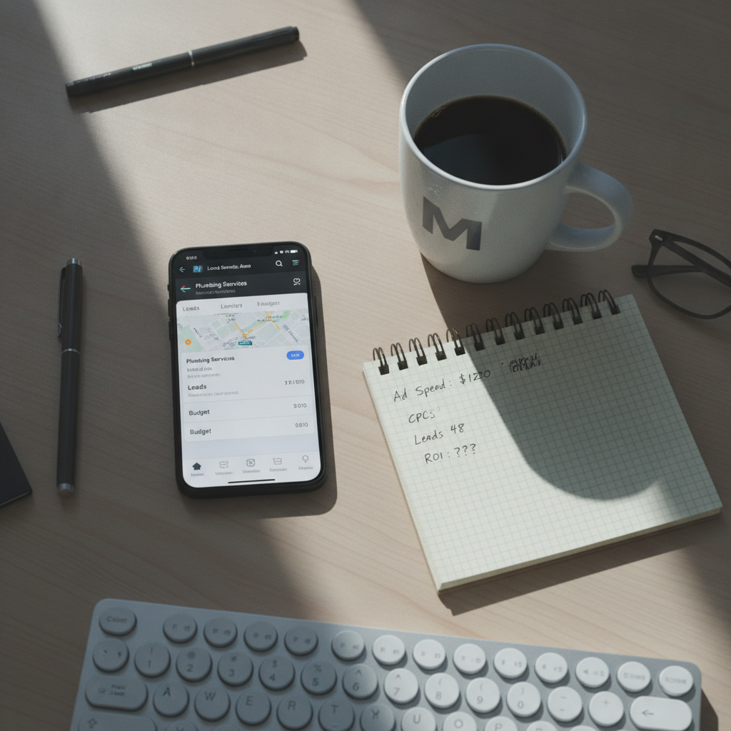 Overhead shot of a desk with a smartphone displaying Local Services Ads, a coffee mug, and a notepad with budget calculations.