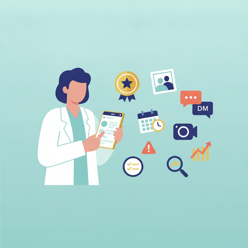 A flat vector illustration of a plastic surgeon holding a smartphone with social media icons on a teal background.