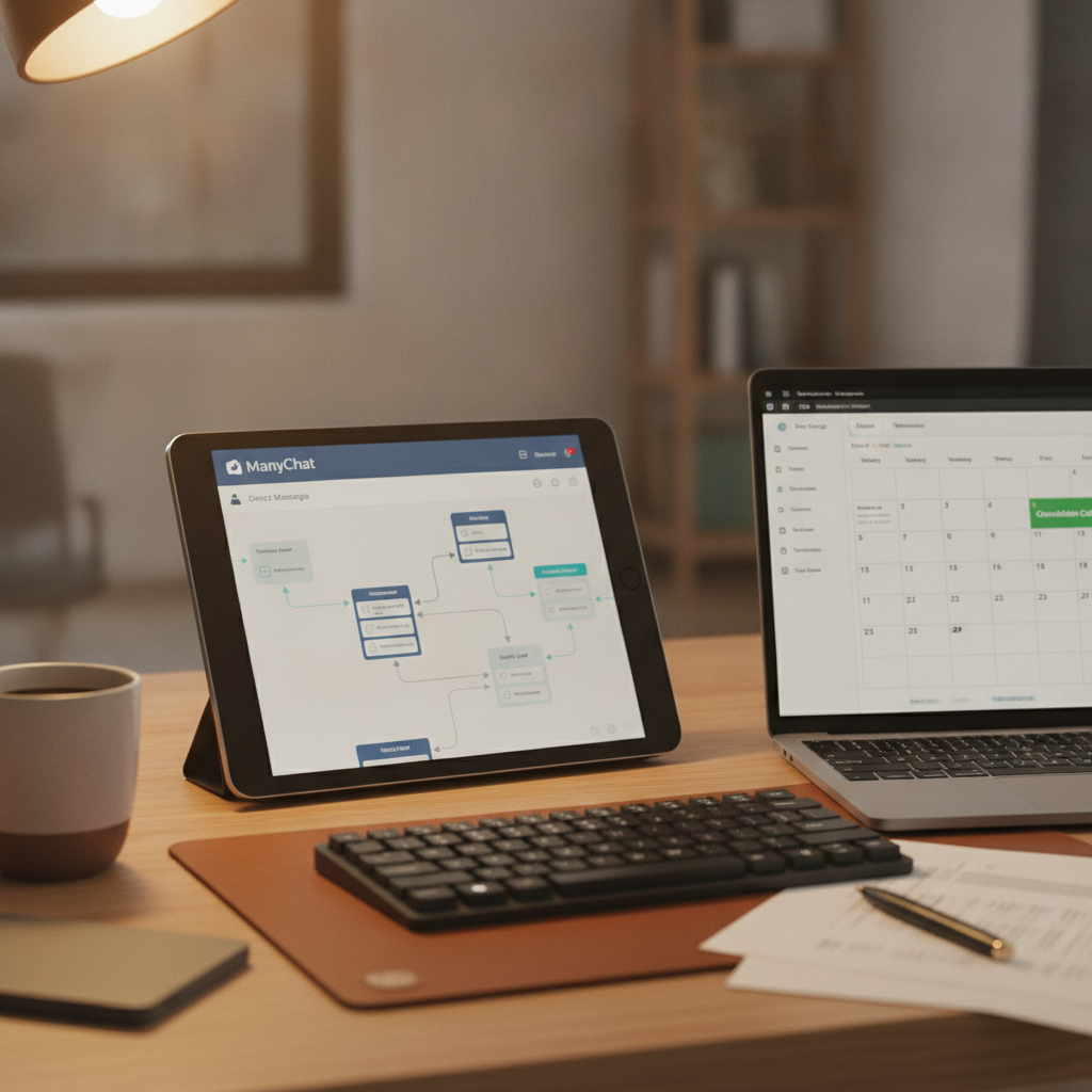 A tablet showing a ManyChat conversation flow, next to a laptop displaying a calendar, on a warmly lit desk.