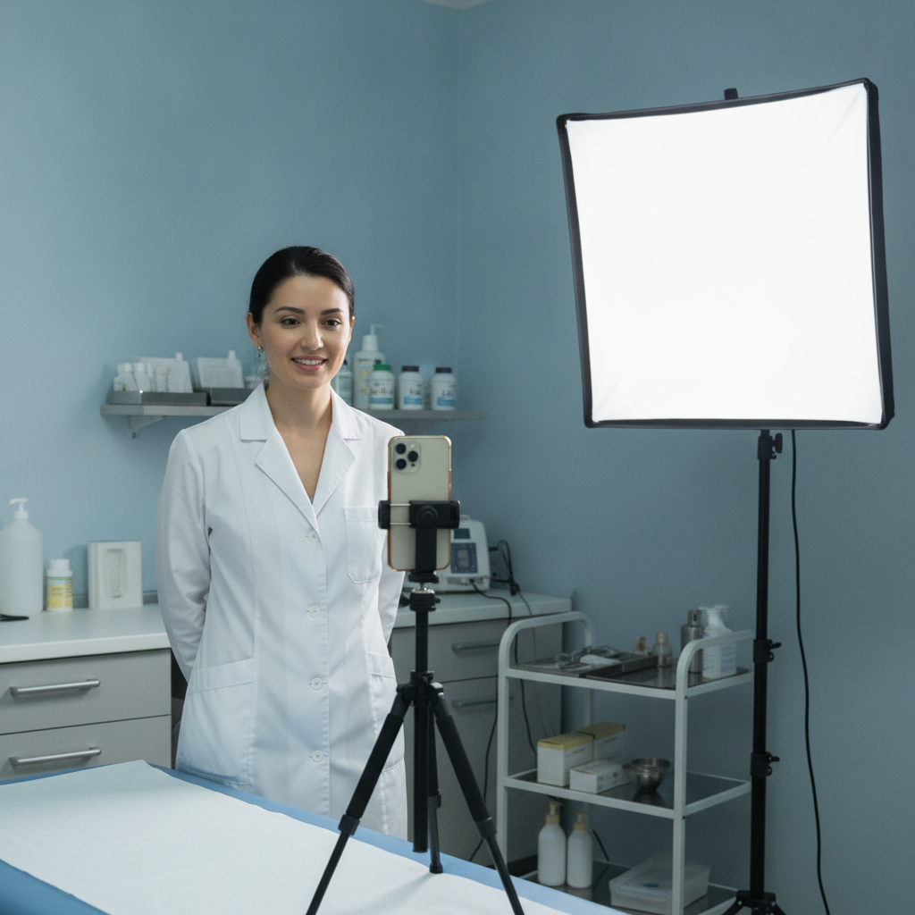 A female plastic surgeon in a white coat filming a video with a smartphone on a tripod in a clinical exam room.