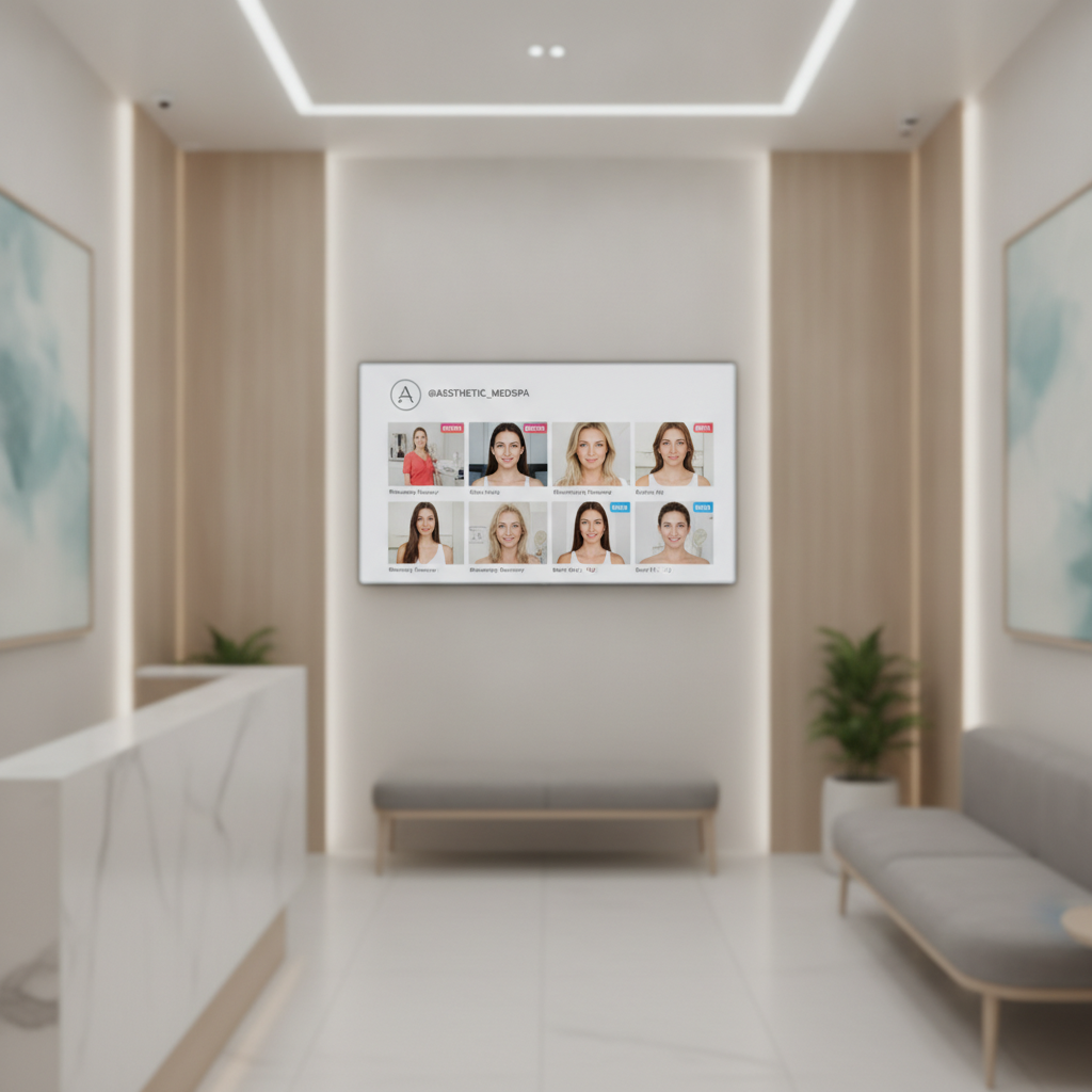 Modern plastic surgery clinic reception area with large monitor displaying Instagram before-and-after photos and educational Reels.