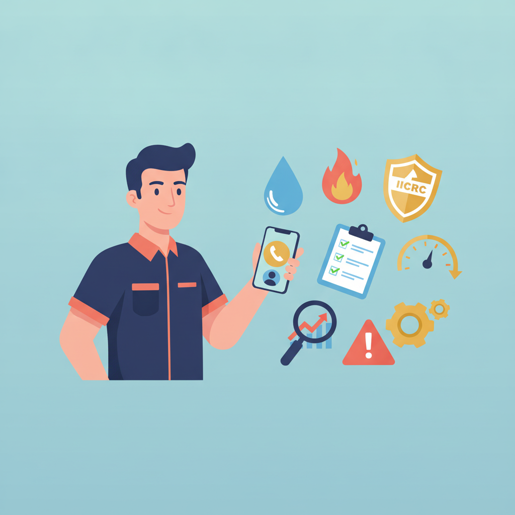 A confident restoration contractor holding a smartphone, surrounded by icons representing water, fire, IICRC, and more.