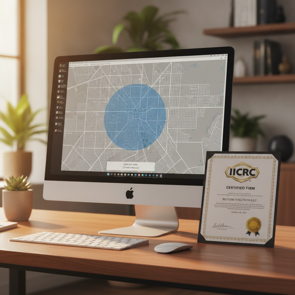 A desktop monitor displaying a service-area map with a shaded coverage radius over a Texas city grid next to an IICRC certificate.
