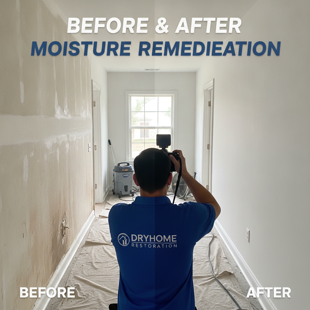 A Dryhome Restoration technician photographs water-damaged drywall before and after moisture remediation in a residential hallway.