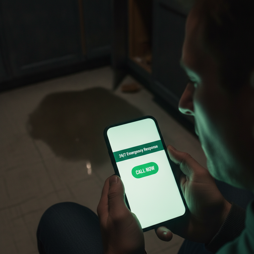 A person's hands hold a smartphone displaying a restoration company website with a large green "Call Now" button.