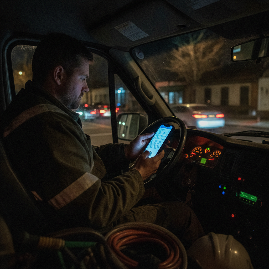 Restoration crew member in a work van at night reading an SMS dispatch message on a phone, dashboard lights visible