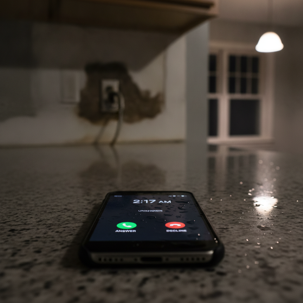 A smartphone on a wet countertop displays an incoming call notification at 2:17 AM, with water damage on the wall.