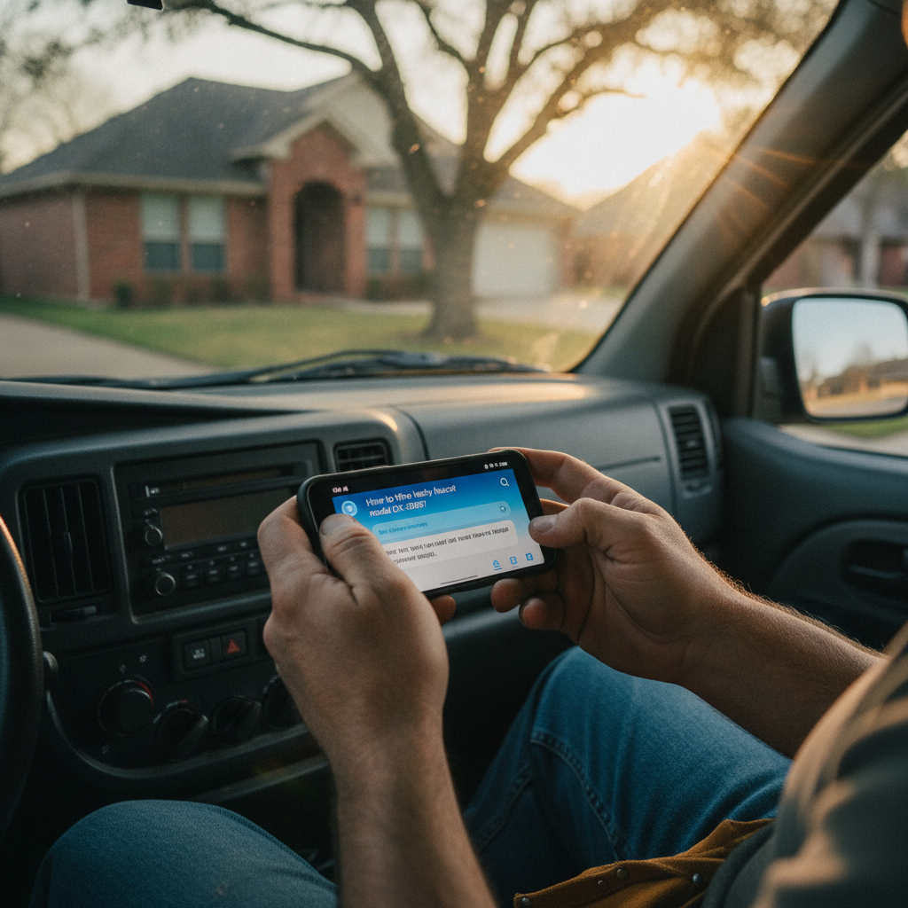 A plumber in a service van types a question into a smartphone AI chat interface, parked outside a Texas home.
