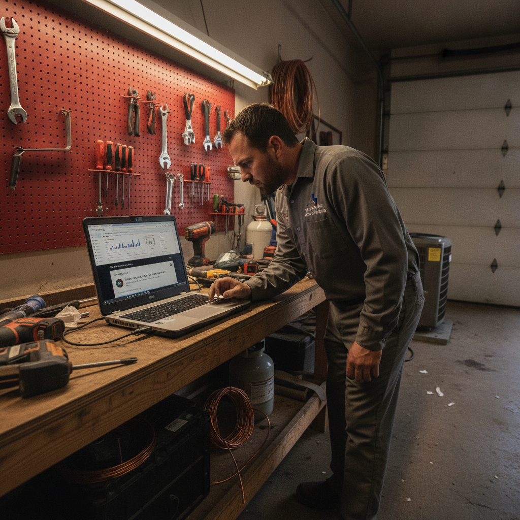 An HVAC technician reviews Google Search Console and Perplexity AI on a laptop in a Texas garage with tools and HVAC units.